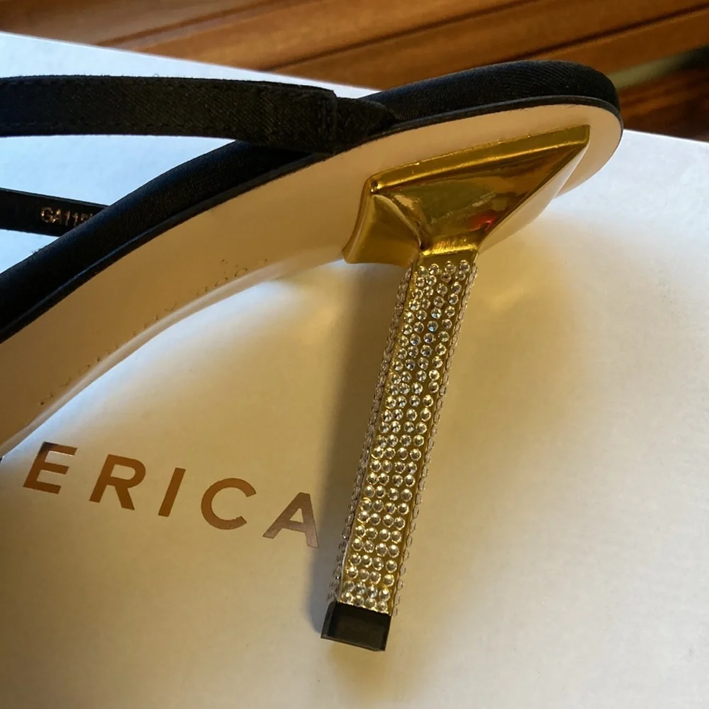⭐️⭐️ GOOD AMERICAN STRAPPY BLACK SATIN & Rhinestone Heels NIB 9.5 - Picture 5 of 7